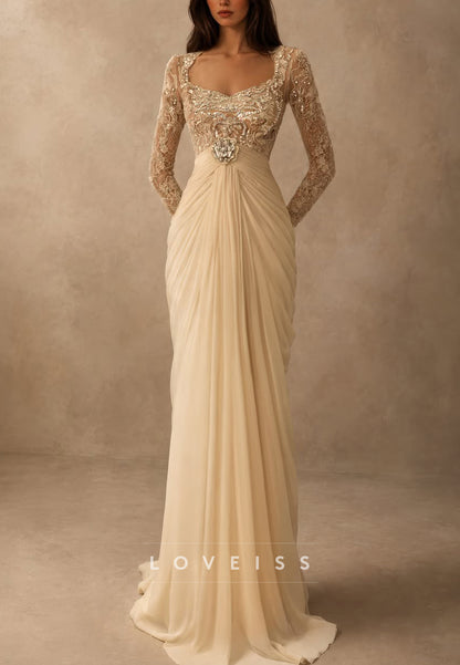Embellished Bodice Long Sleeve Draped Gown