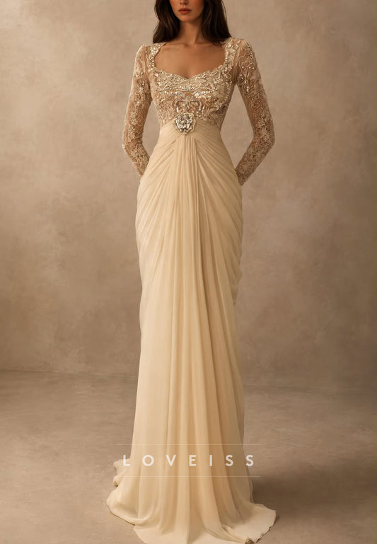 Embellished Bodice Long Sleeve Draped Gown