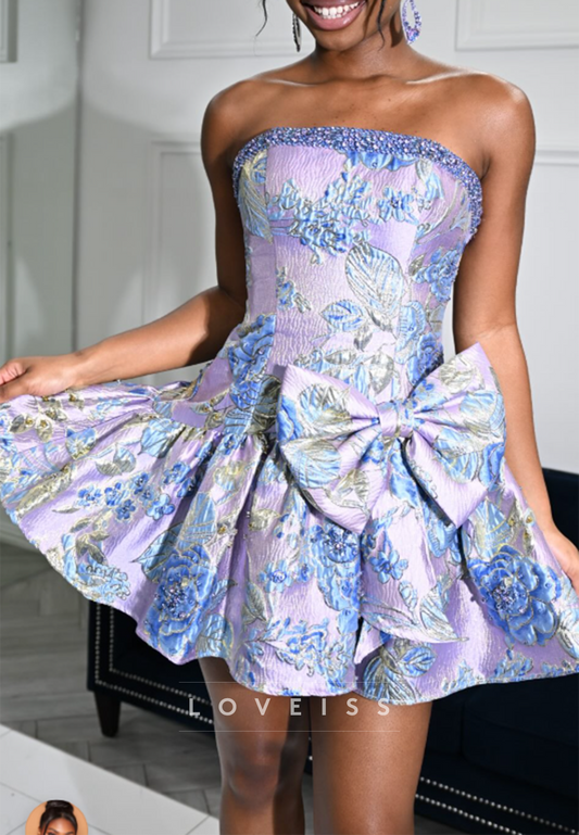 Strapless Jacquard Mini Dress with Beaded Trim and Bow