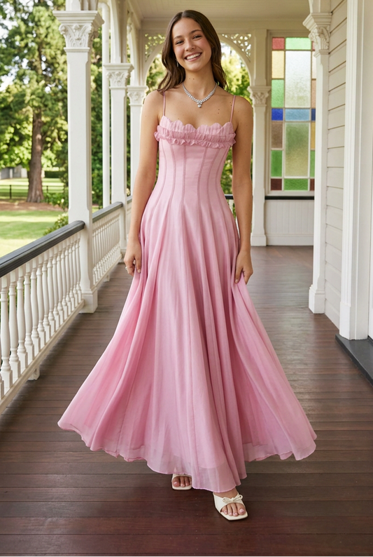 Corset Maxi Dress with Ruffled Trim