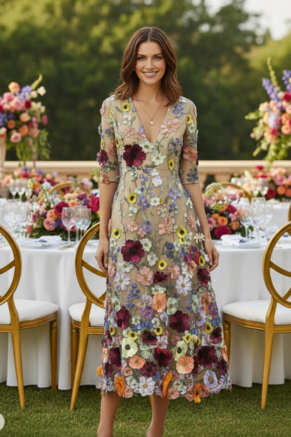 3D Floral Embroidered A-Line Midi Dress