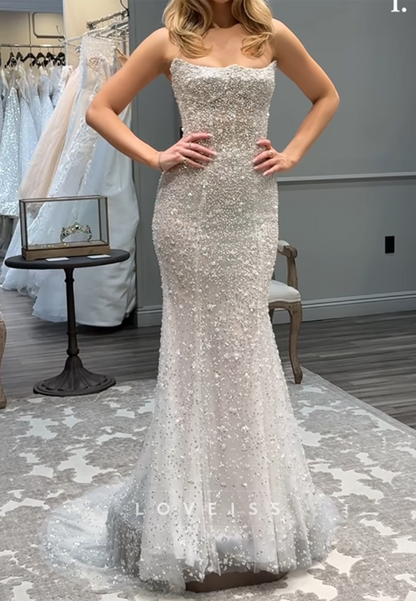 Strapless Beaded Pearl Trumpet Wedding Dress