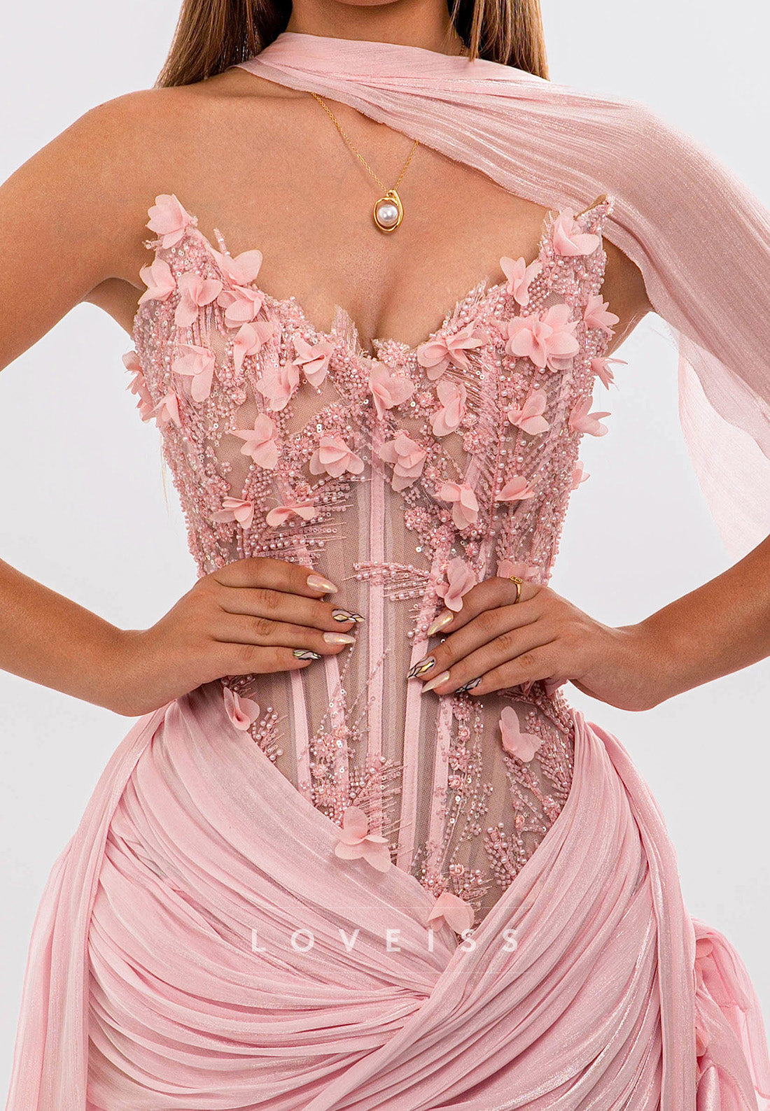 Corset High-Low Dress with 3D Florals