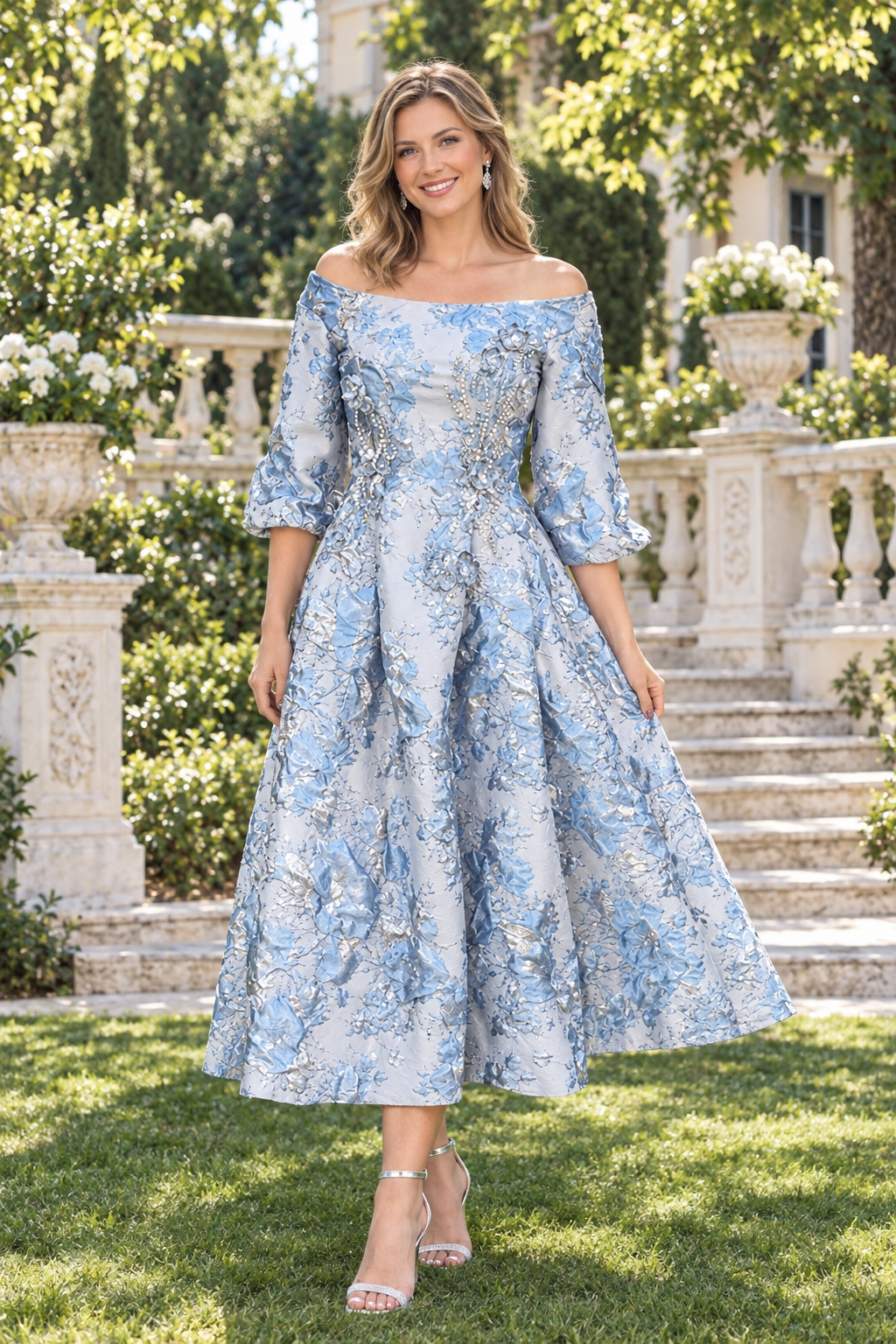 Floral Jacquard Off-Shoulder Midi Dress with Pockets