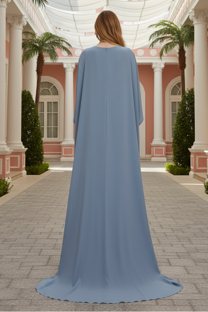 Bateau Neck Draped Sleeve Pleated Waist Gown