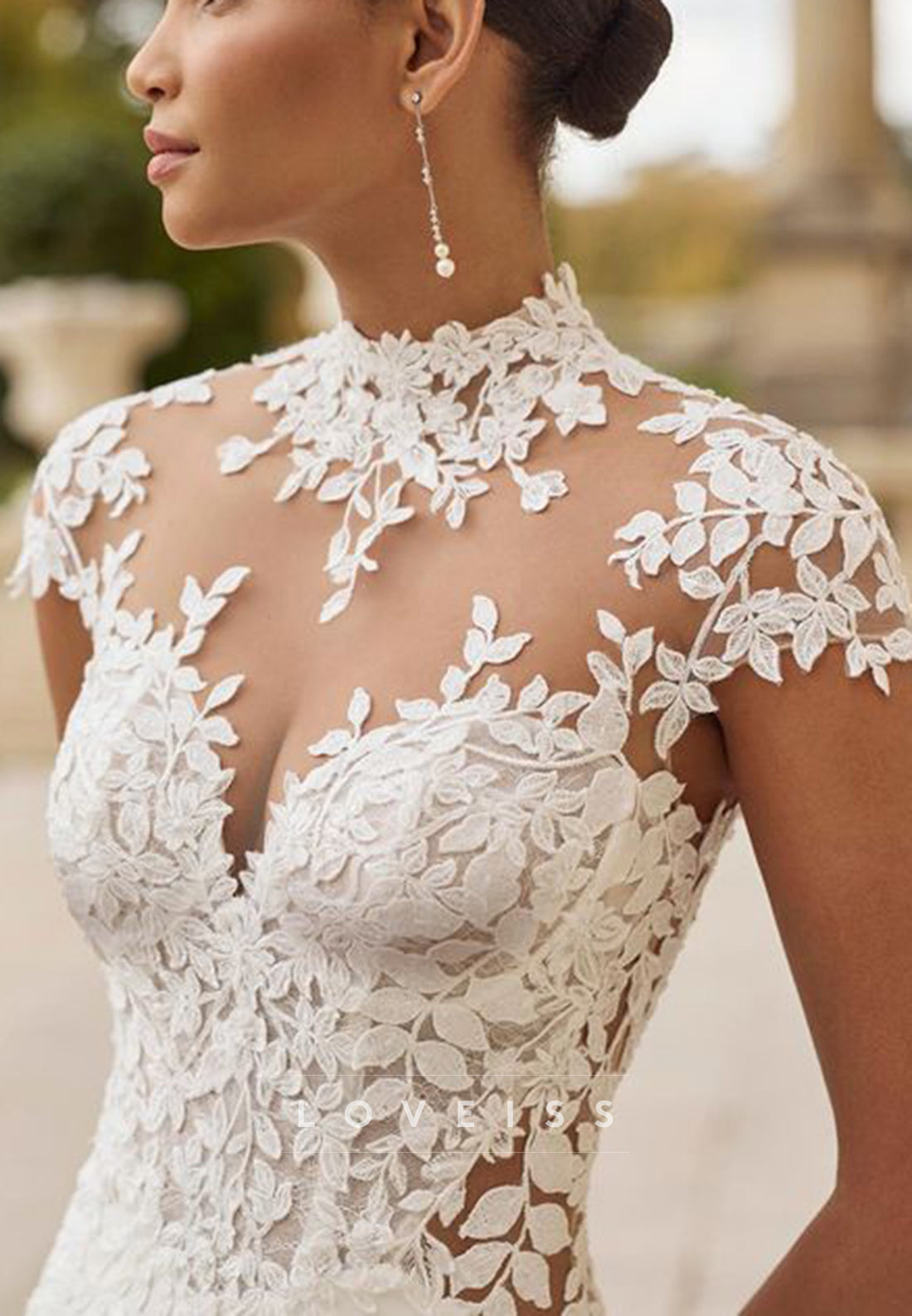 High Neck Lace Cap Sleeve Mermaid Wedding Dress