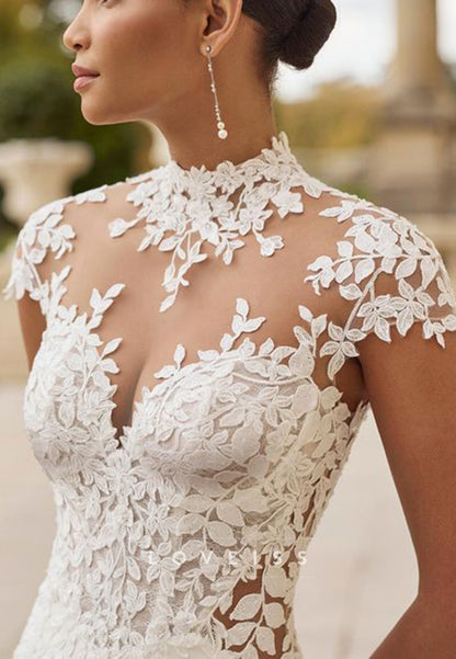 High Neck Lace Cap Sleeve Mermaid Wedding Dress