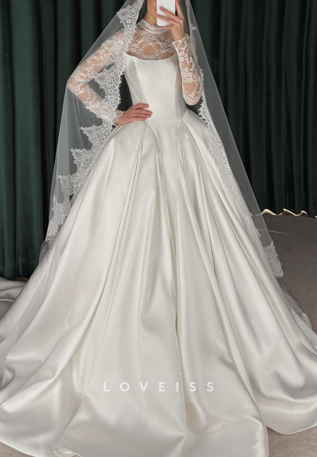 Satin Ball Gown Wedding Dress with Lace Veil