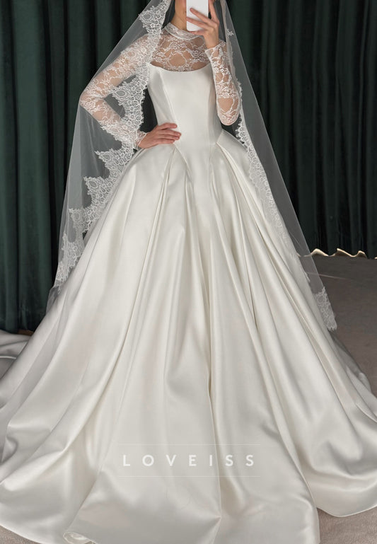 Satin Ball Gown Wedding Dress with Lace Veil