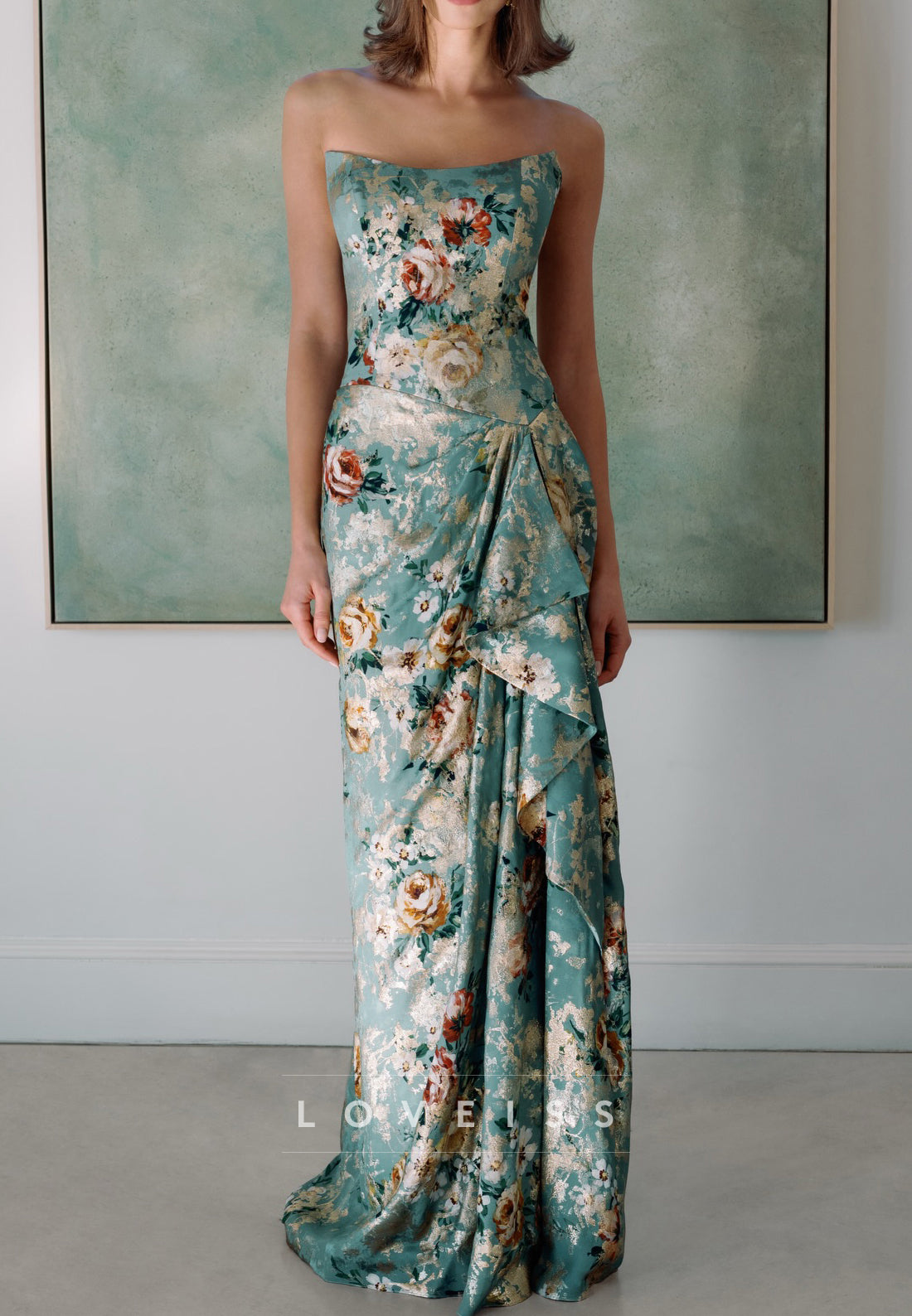 Strapless Floral Metallic Jacquard Column Gown