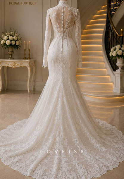 Illusion High Neck Long Sleeve Lace Mermaid Wedding Gown