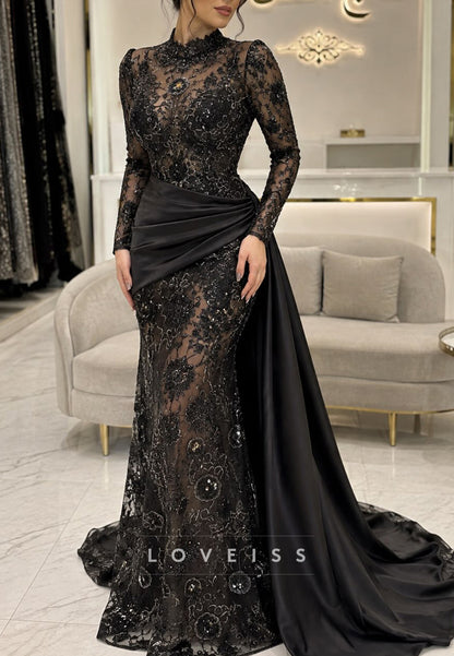 Long Sleeve Illusion Lace Mermaid Gown with Satin Drape