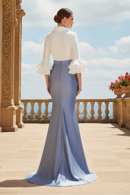 Two-Tone Collared Mermaid Dress with Ruffle Sleeves