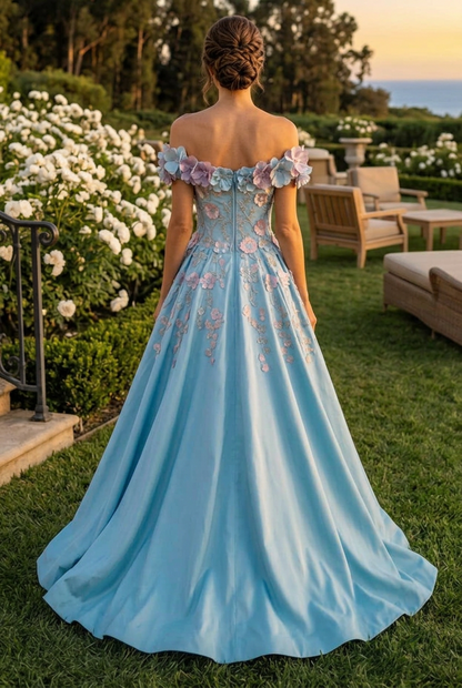 Off-the-Shoulder Floral Applique Ball Gown