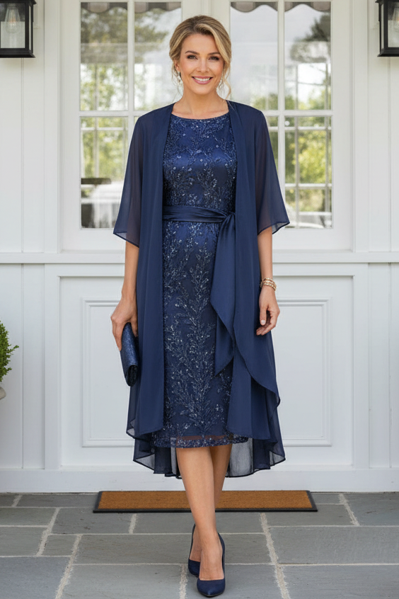 Sequin Embroidered Sheath Dress with Chiffon Jacket Set