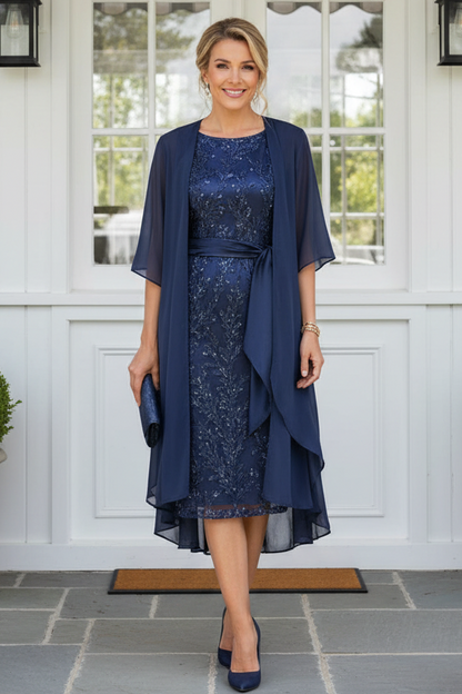 Sequin Embroidered Sheath Dress with Chiffon Jacket Set