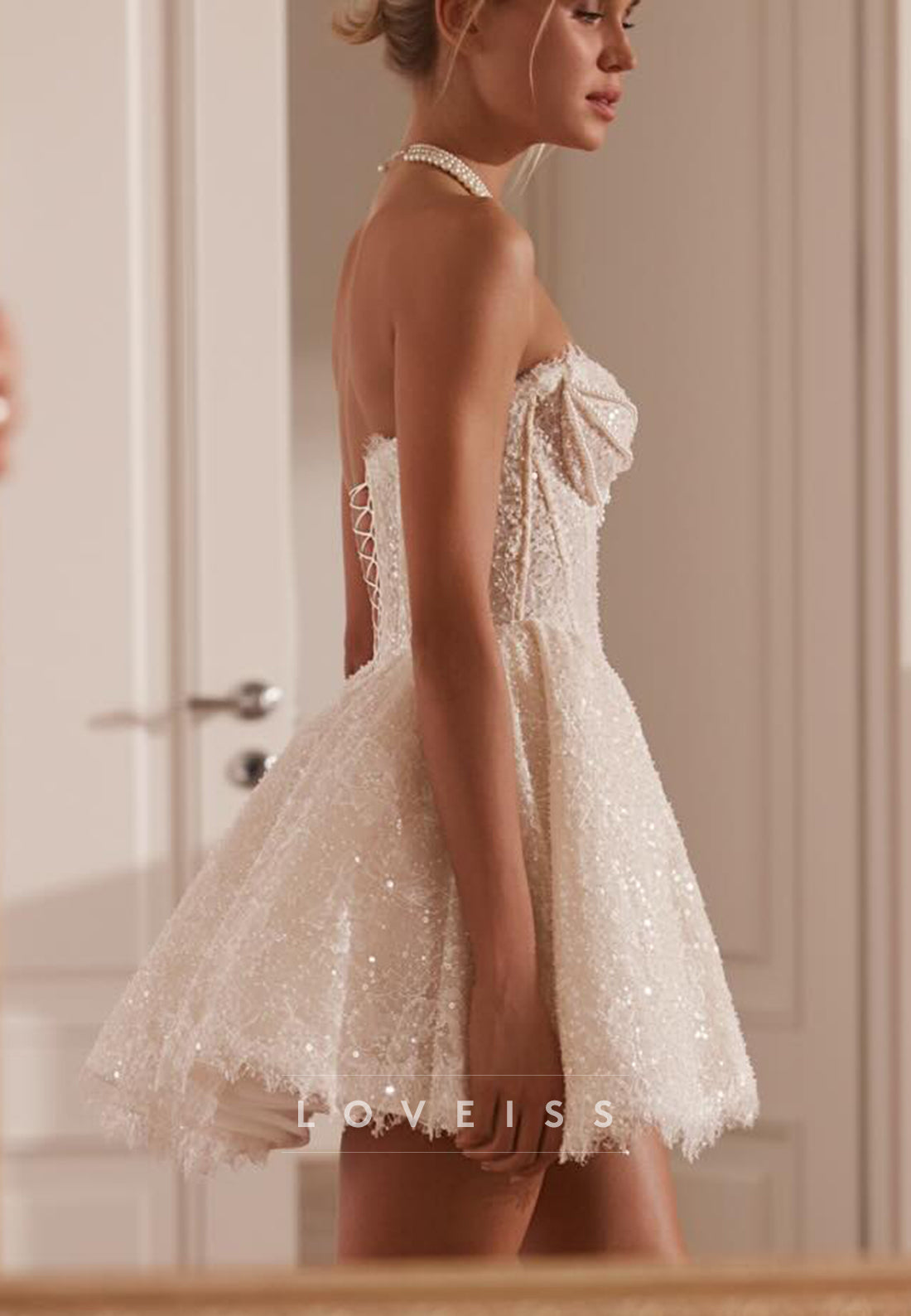 Strapless Lace Corset Mini Dress with Pearl Beading