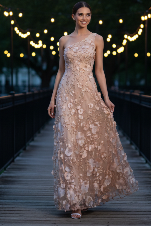 One-Shoulder 3D Floral Appliqué Maxi Dress