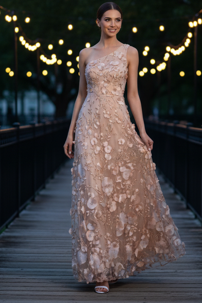 One-Shoulder 3D Floral Appliqué Maxi Dress