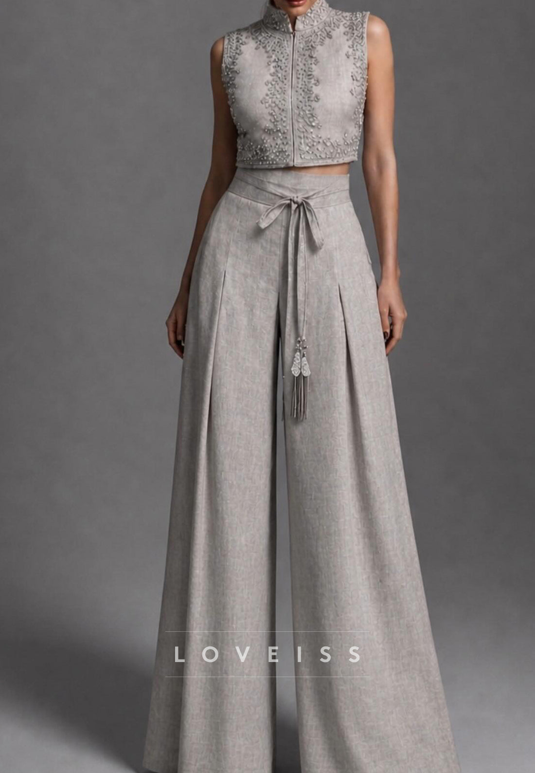 Embellished Crop Top and Wide-Leg Pants Set
