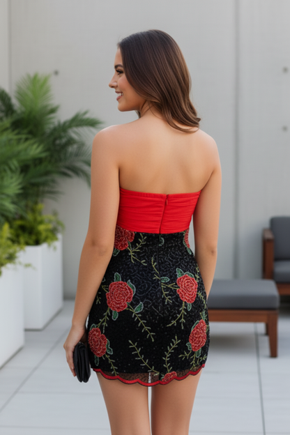 Rose Embroidered Bowknot Mini Party Dress