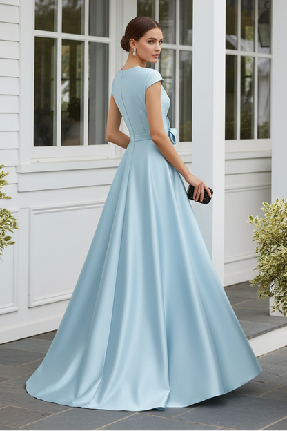 Cap Sleeve Column Gown with Satin Overskirt
