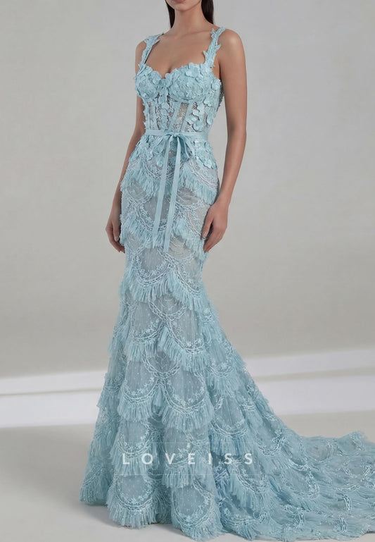 Floral Lace Corset Mermaid Gown with Fringe Detail