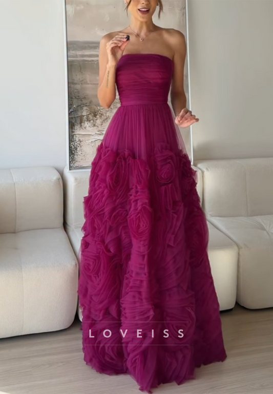 Strapless Ruffled Rosette Tulle A-Line Evening Gown