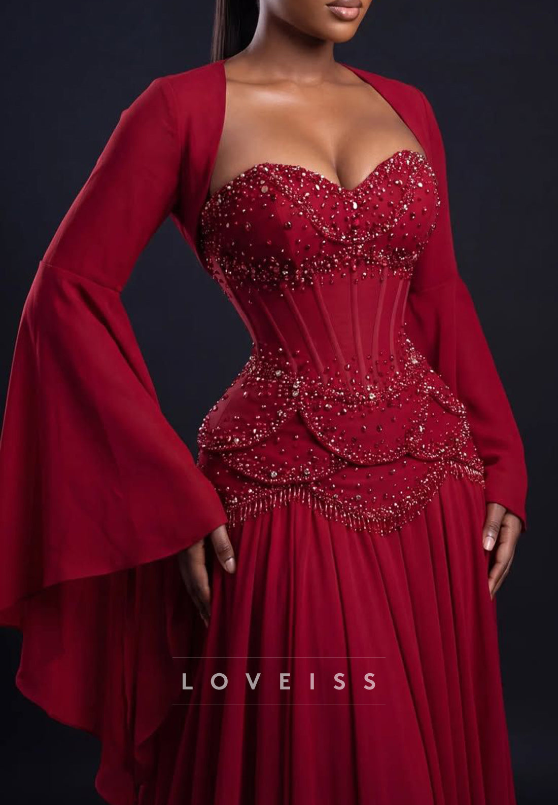 Beaded Corset Evening Gown with Bell Cape Sleeves