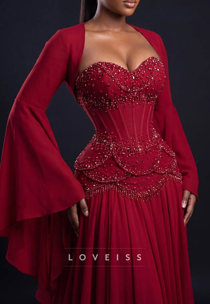 Beaded Corset Evening Gown with Bell Cape Sleeves