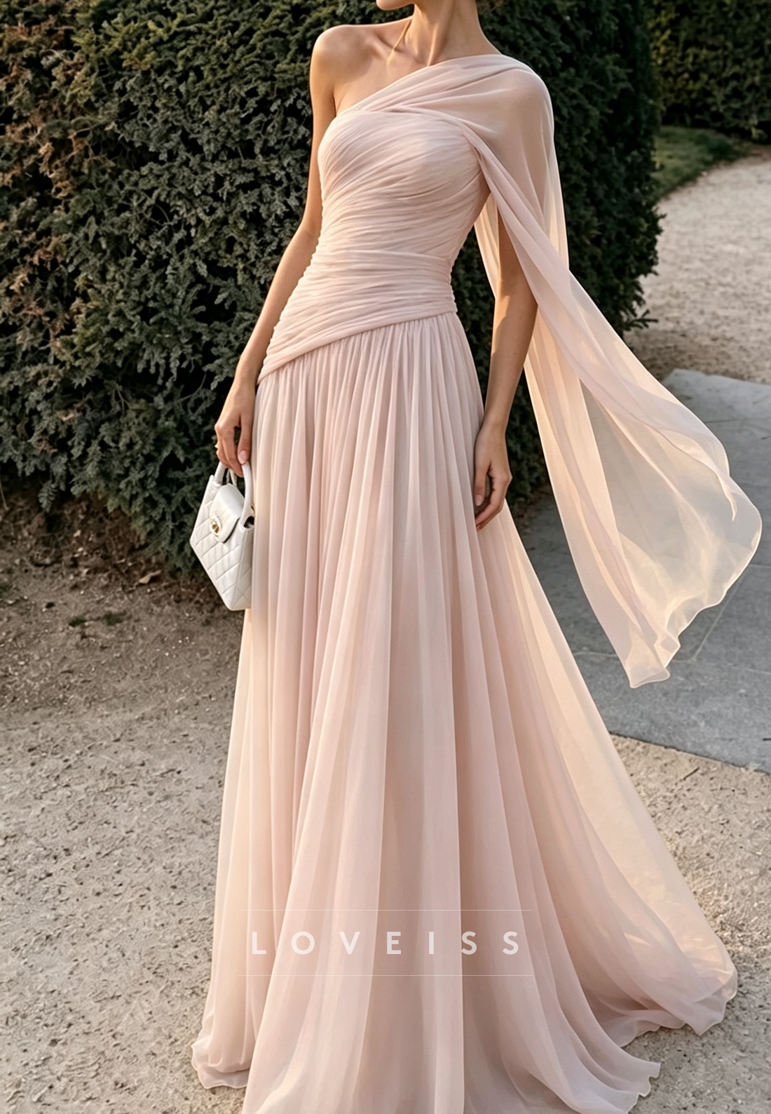 One Shoulder Chiffon A-Line Evening Gown with Cape Sleeve