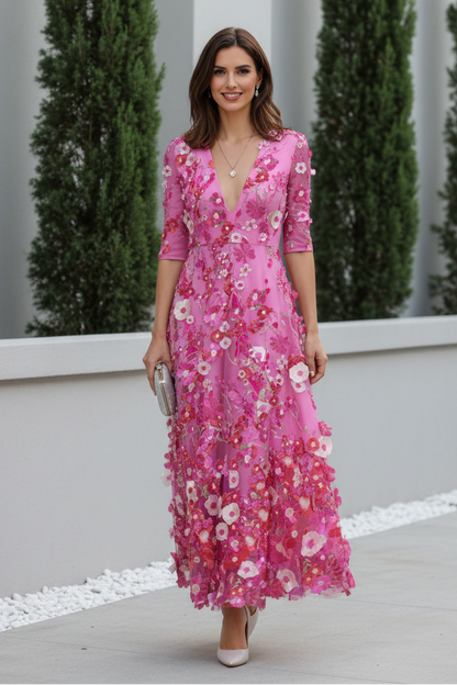 3D Floral Embroidered A-Line Midi Dress