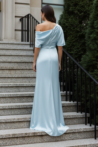 Draped One-Shoulder Satin Gown with High Slit