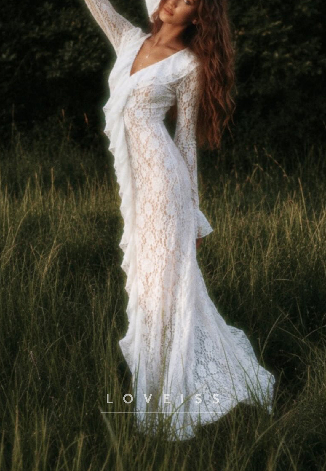 Lace V-Neck Long Sleeve Maxi Dress with Ruffle Trim