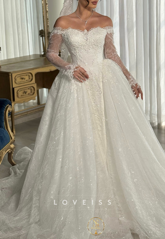 Off-the-Shoulder Lace Wedding Dress with Overskirt