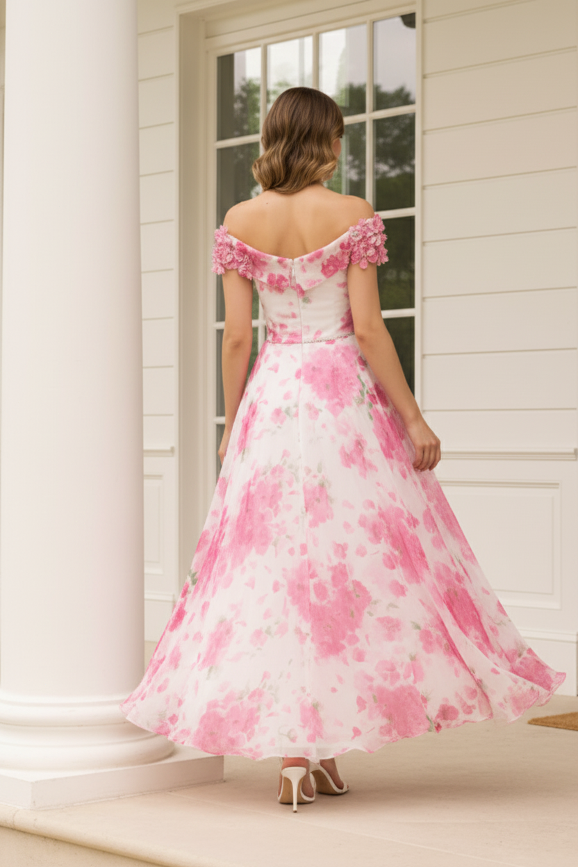 Off-the-Shoulder Floral A-Line Dress with 3D Florals