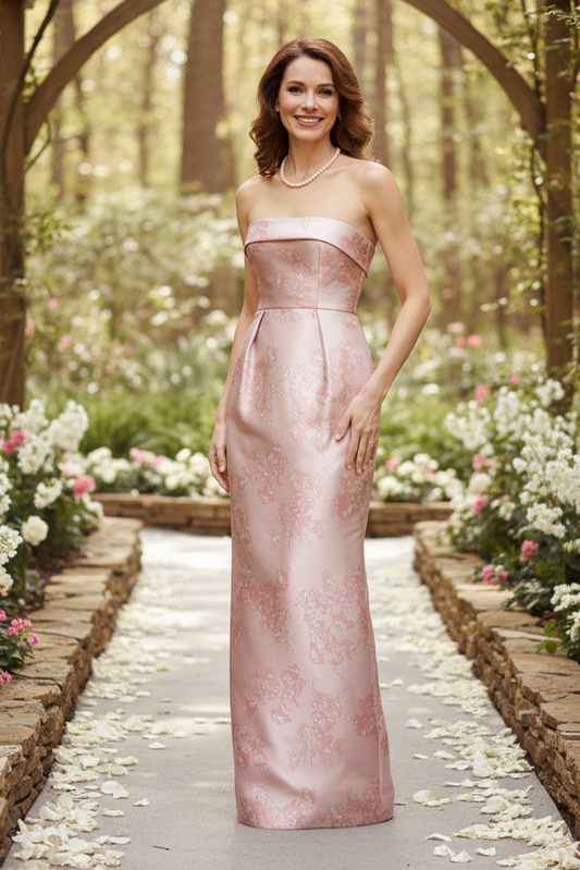 Strapless Floral Jacquard Column Gown