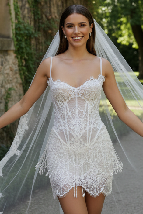 Lace Corset Mini Dress with Beaded Fringe