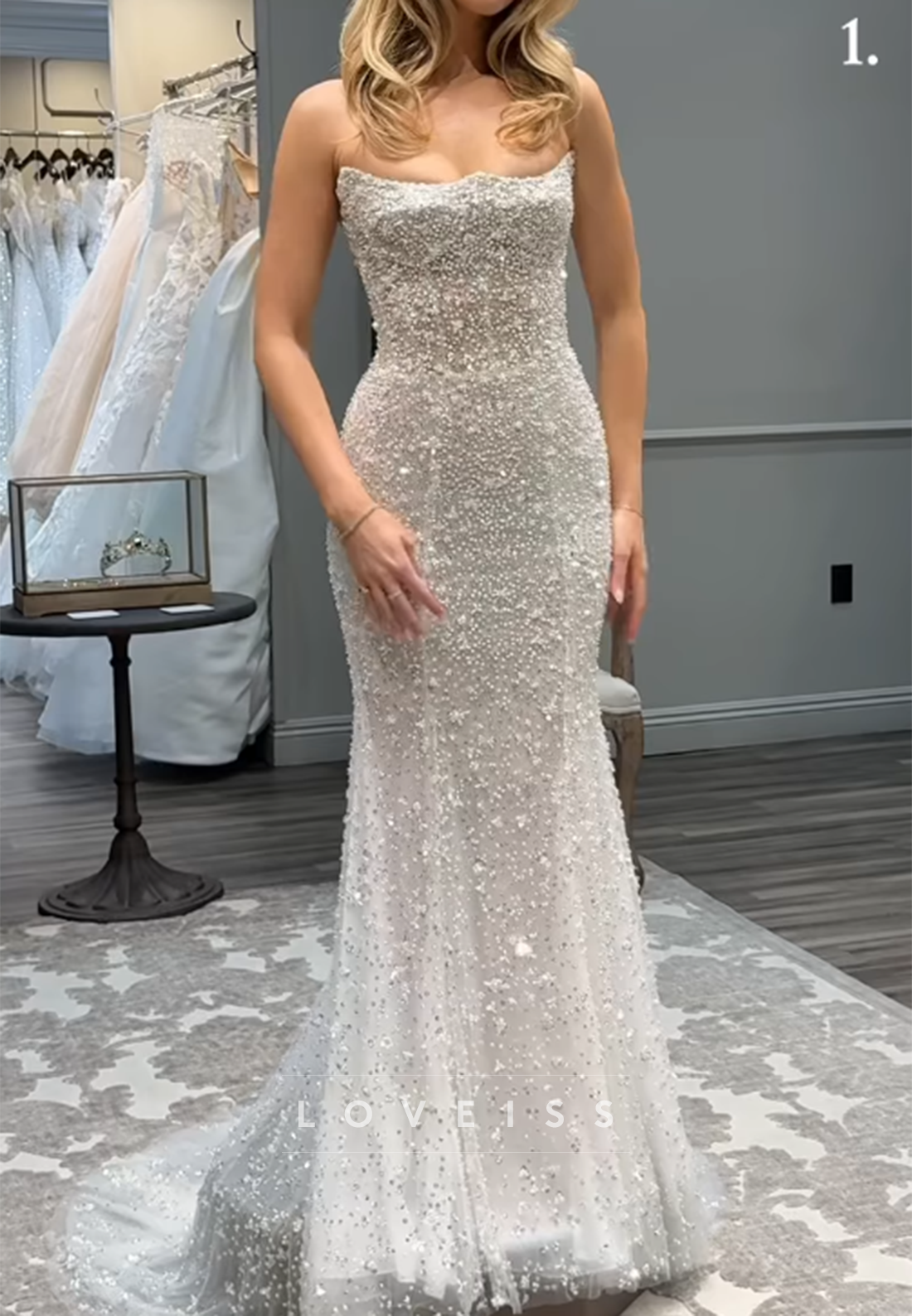 Strapless Beaded Pearl Trumpet Wedding Dress