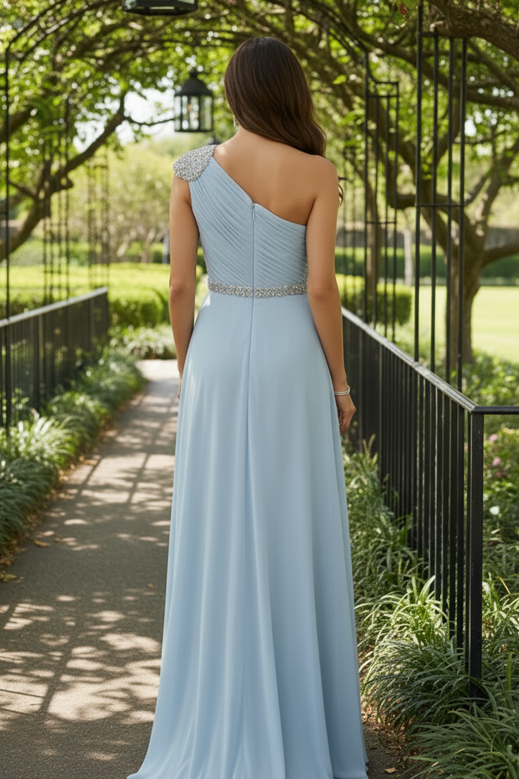 One-Shoulder Beaded Pleated Chiffon Evening Gown
