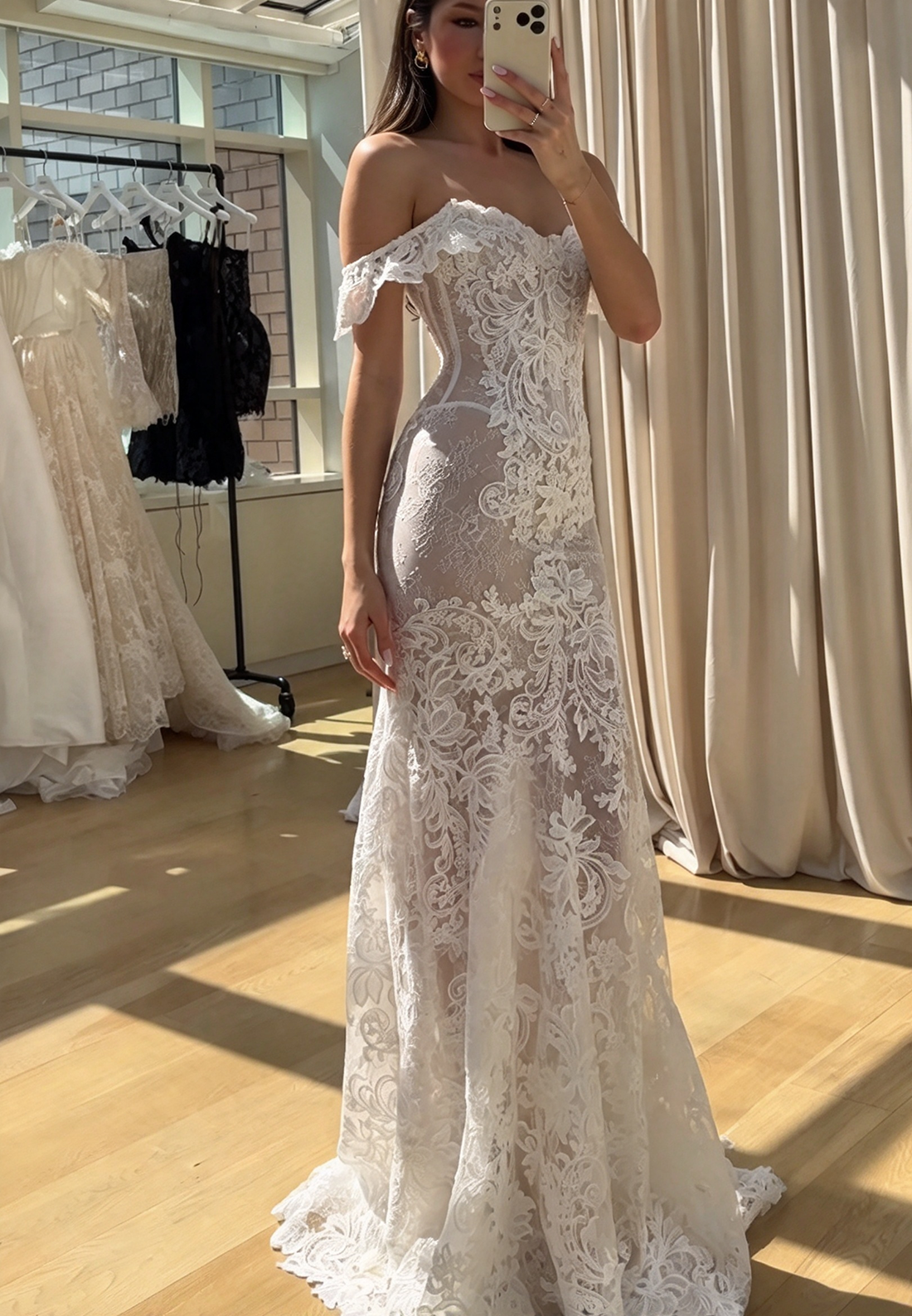 Off-the-Shoulder Lace Sheath Wedding Dress