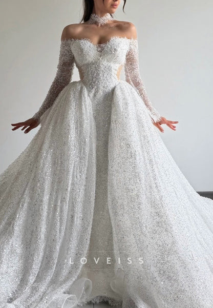 Glitter Off-the-Shoulder Ball Gown Wedding Dress