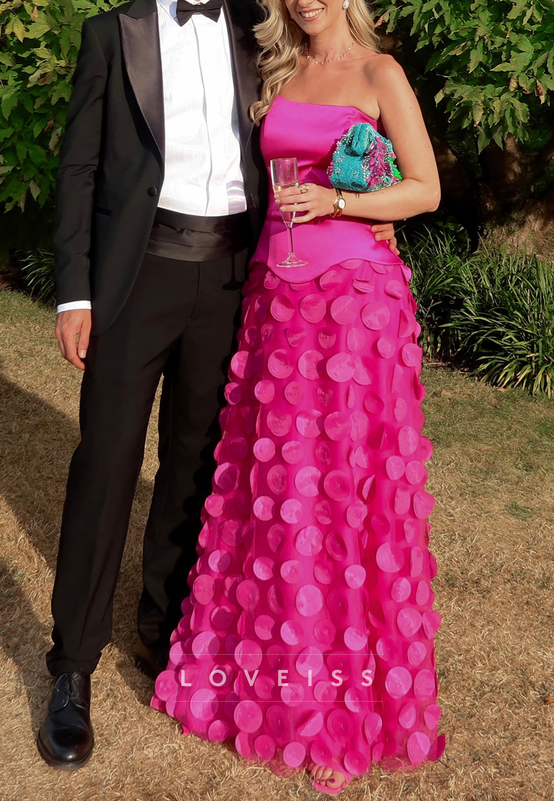 Strapless Satin Gown with 3D Circle Appliqué Skirt