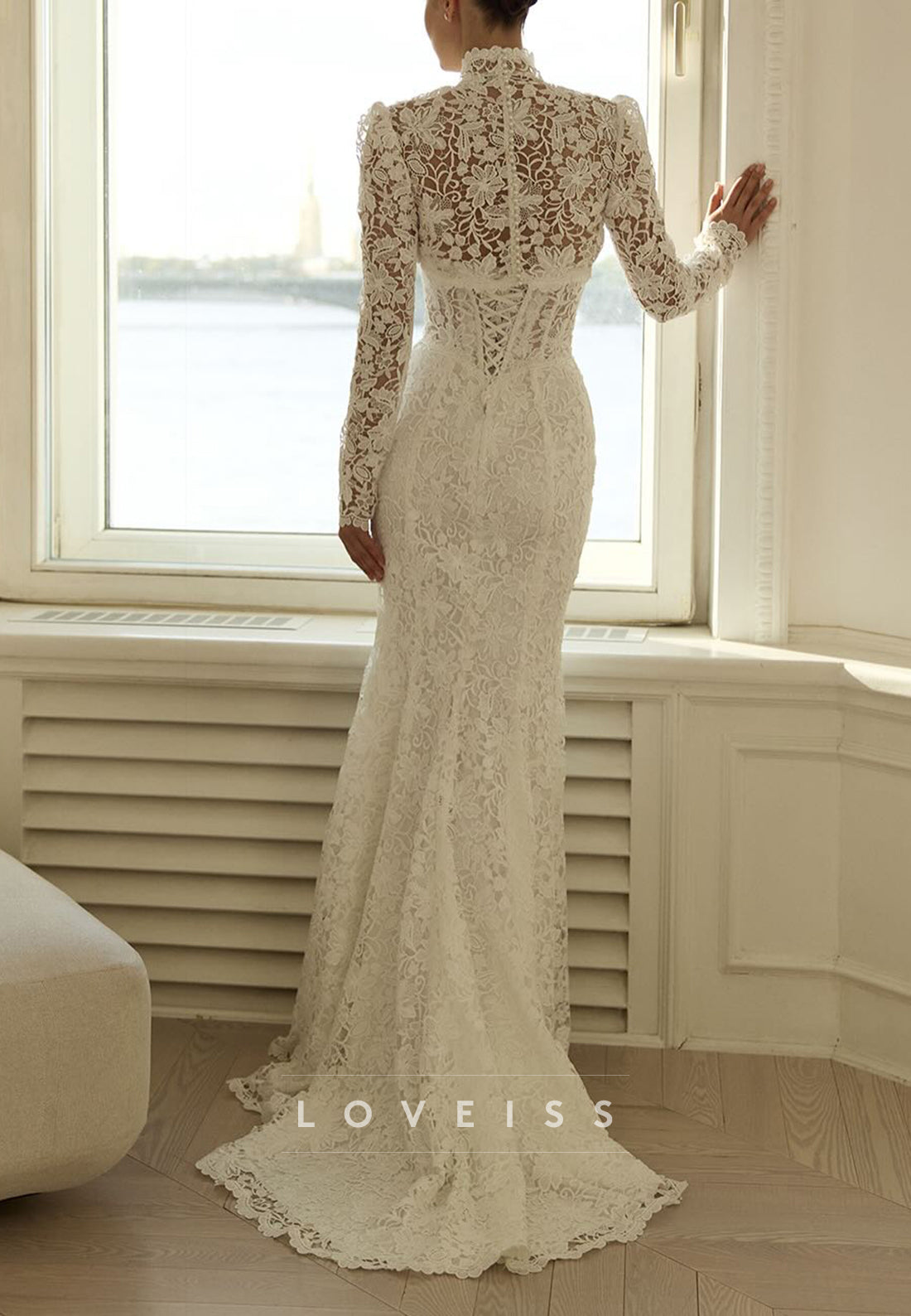 High Neck Lace Mermaid Wedding Dress with Cutout