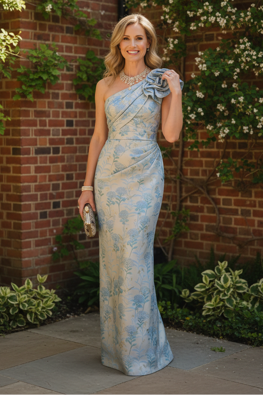 One-Shoulder Floral Jacquard Column Gown