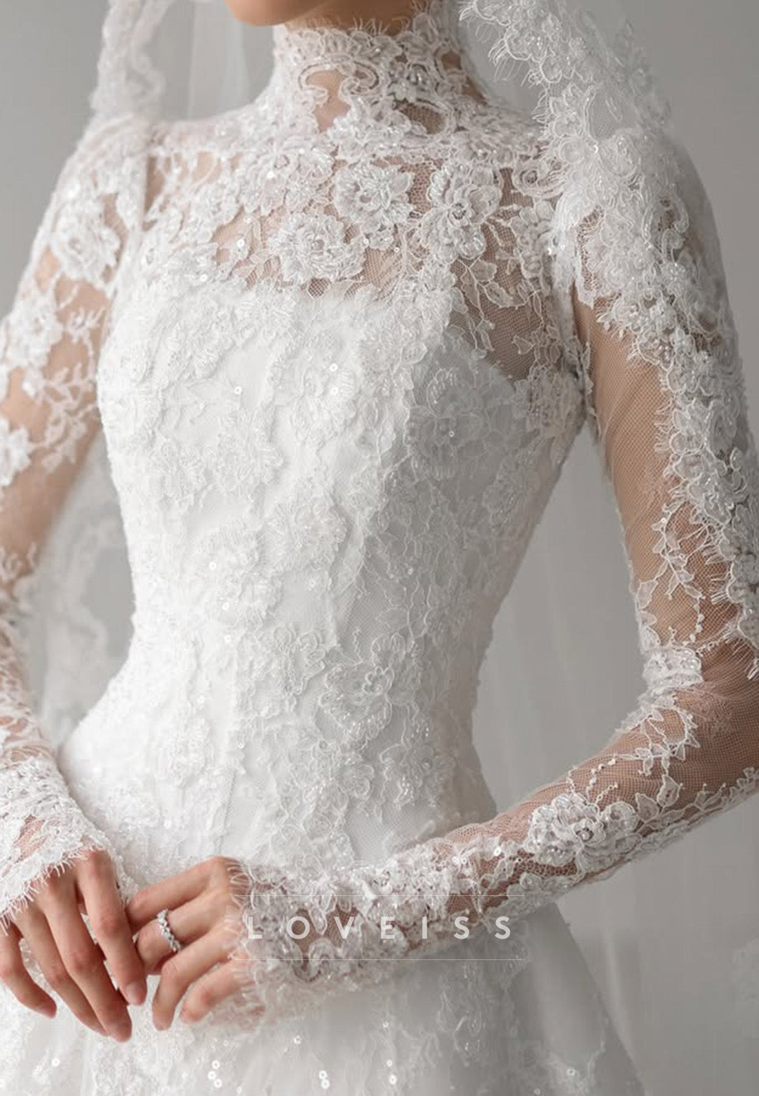High-Neck Lace Wedding Dress with Long Sleeves