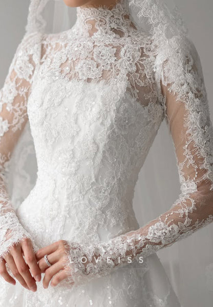 High-Neck Lace Wedding Dress with Long Sleeves