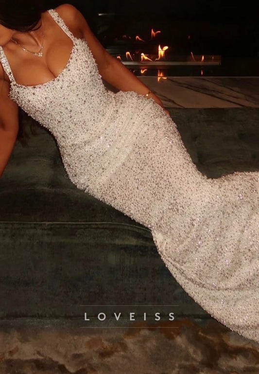 Beaded Scoop Neck Mermaid Evening Gown