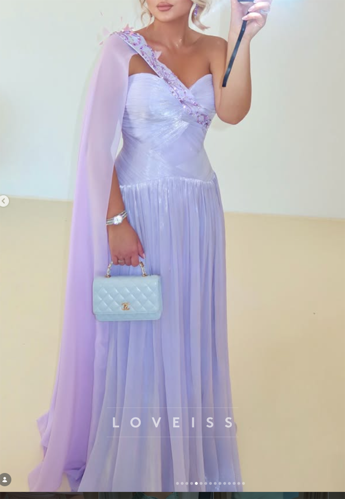 One-Shoulder Pleated Evening Gown with Shoulder Cape
