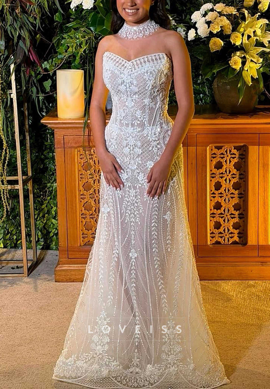 Strapless Beaded Lace Mermaid Wedding Dress